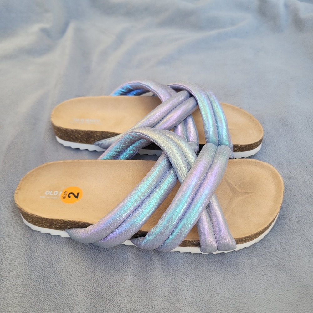 Old Navy Girls Iridescent Puffy Strap‎ Slide Sandals Purple Blue Metallic Size 2